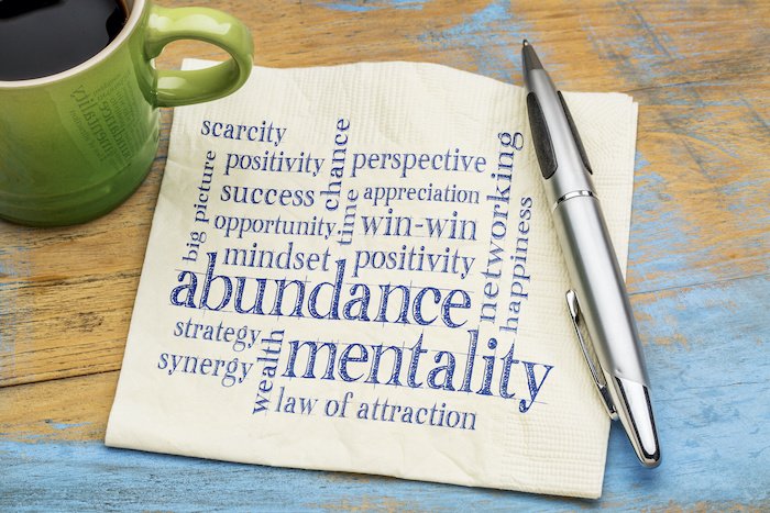 Abundance Mentality Word Cloud On A Napkin With A Pen On The Side