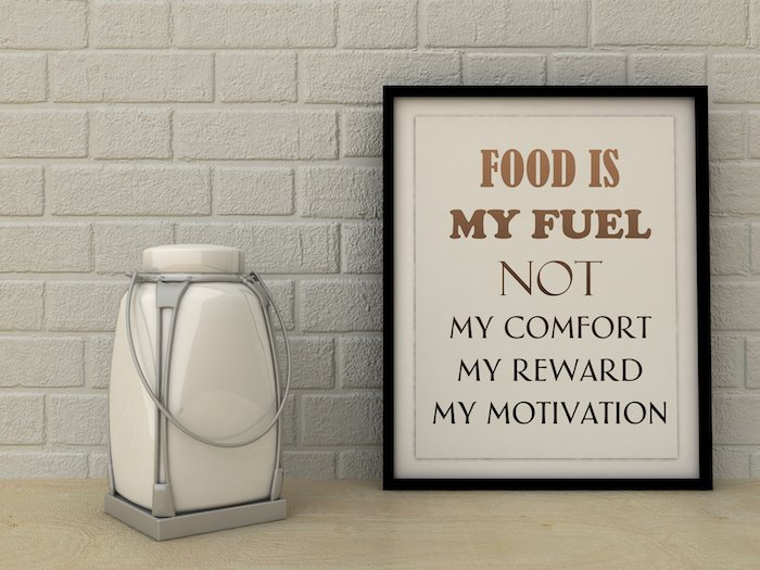 Motivational words 'Food is Fuel not my comfort, reward, motivation' framed in black against a cream colored wall next to a lantern.