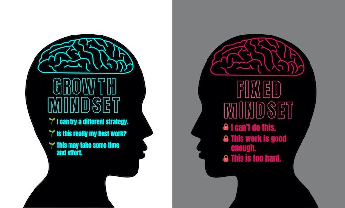 Human Head Silhouettes Facing Each Other With Brain Inside. Growth Mindset Vs Fixed Mindset. Illustrates The Difference Between A Positive Growth And A Negative Fixed Mindset.