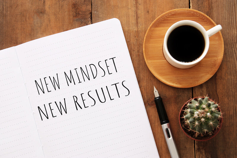 Top View Image Of A Rustic Table With Open Notebook And The Text New Mindset New Results, A Cactus In A Pot, And A Pen.