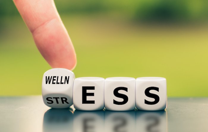 Wellness Instead Of Stress Photo- Hand Turns A Dice And Changes The Word &Quot;Stress&Quot; To &Quot;Wellness&Quot;