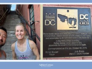 split-frame image -- on the left is Adrien and her Accountability Partner, Warren. On the right is a photo of a plaque dedicating the site of the exorcist steps after the famous scenes in the Exorcist movie