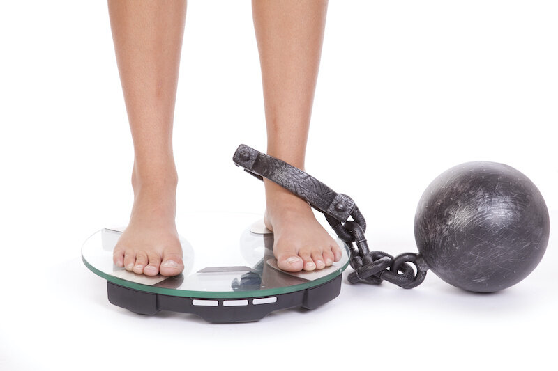 A Woman Is Chained To The Bathroom Scales.